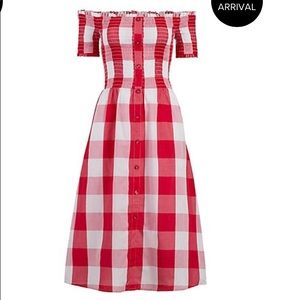 New York & Co Gingham Smocked Off Shoulder Dress